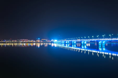 vaizdas naktį, tiltas, dekoracijos, tamsią naktį, atspindys