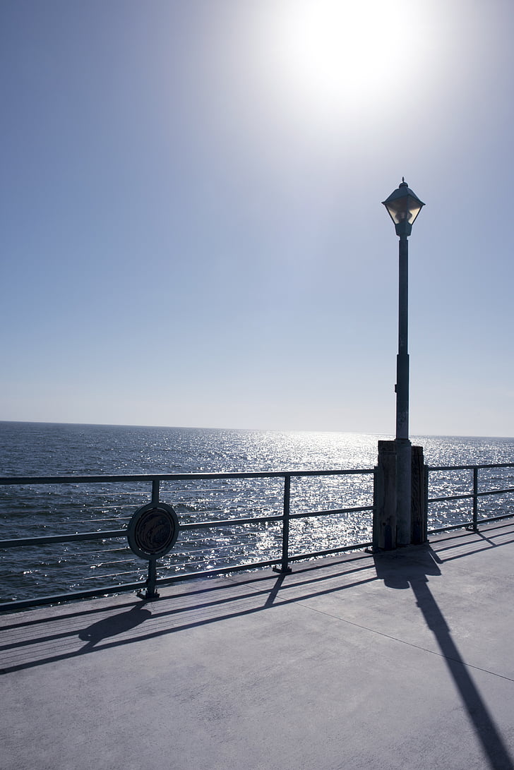 horizon, beach, pier, post, glare, water, sea