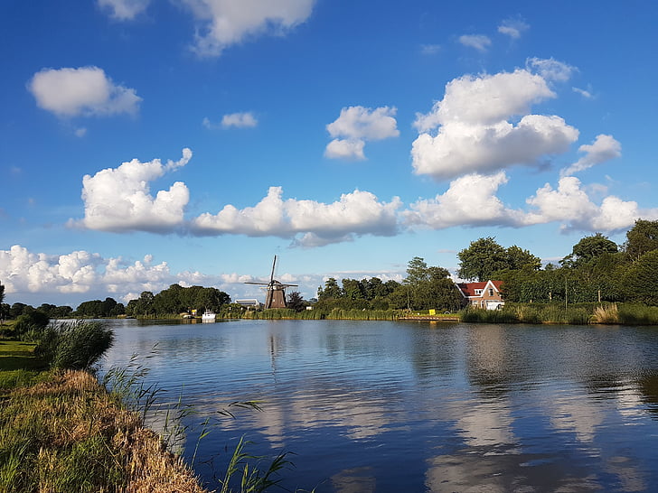 Amstel, fiume, Amsterdam, paesaggio, cielo blu