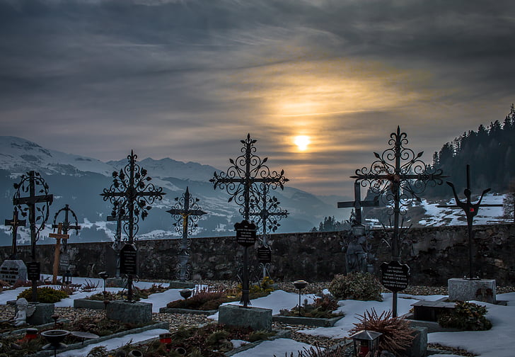 cemetery, sunset, snow, mountains, winter, graveyard, old