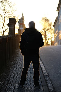man, back light, morning, sun, person, silhouette, one man only
