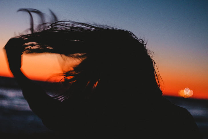 silhouette, photo, person, holding, hair, sunset, background