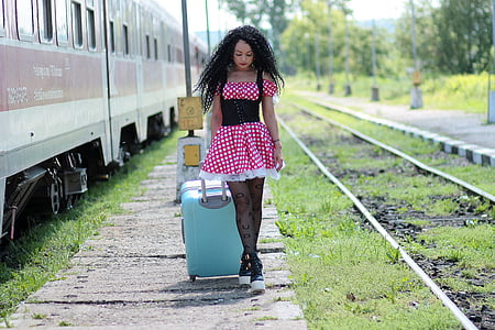 girl, train station, calling, suitcase, train, peron, dress