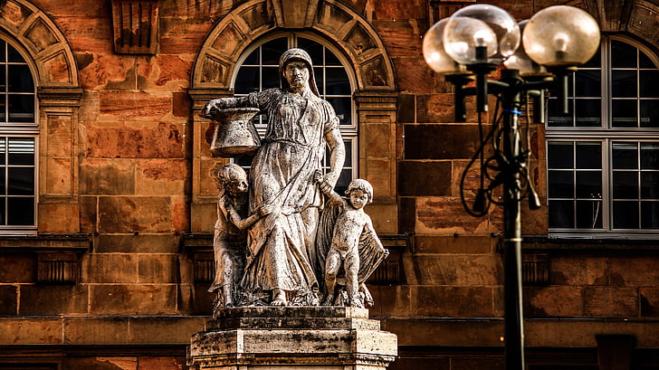 town hall, stature, window, lamp, woman, child, son
