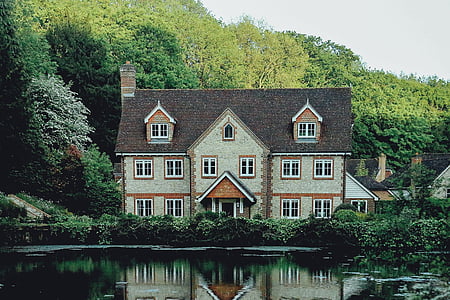 brown, painted, house, near, body, water, surrounded