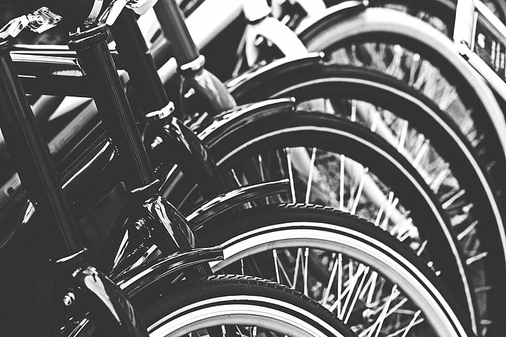 bicicletes, bicicletes, en blanc i negre, close-up, macro, rodes