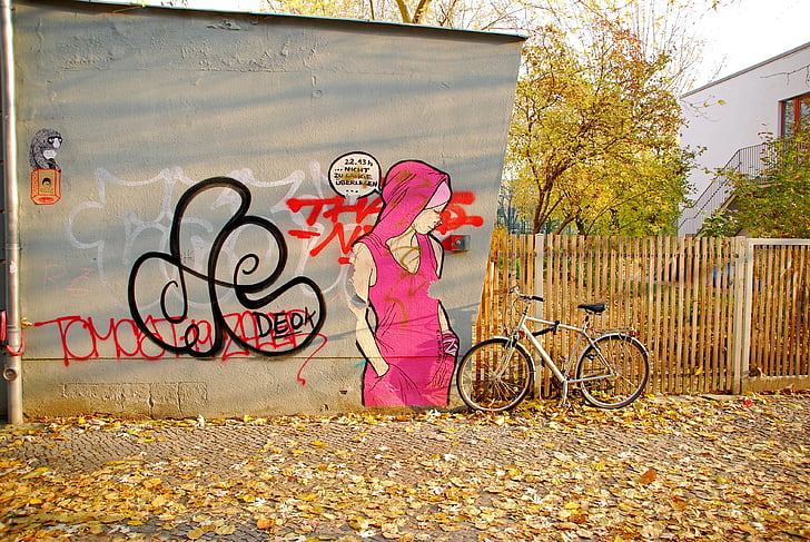 gatukonst, Berlin, klistra in, väggen, Hauswanden, konst, cykel