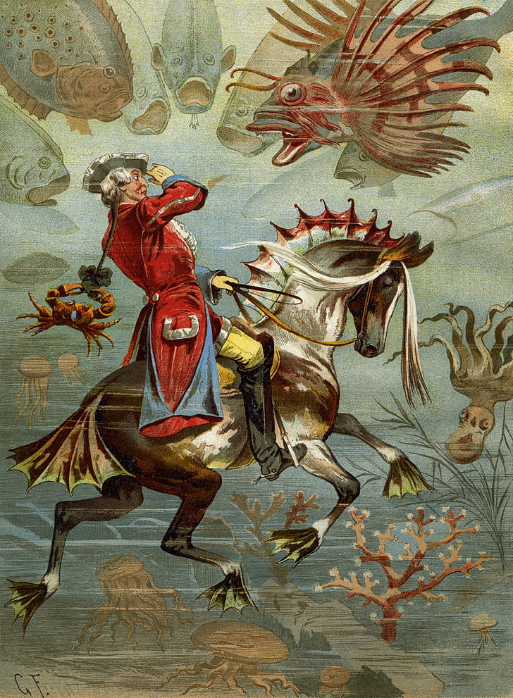 Baron munchausen, Han Red på seahorse, fortellinger, historieforteller, eventyr, løgner, løgn