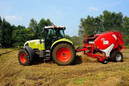 traktor, hengeres bálázó, Egyéni munka, széna, visszahúzódik, rét, mezőgazdaság