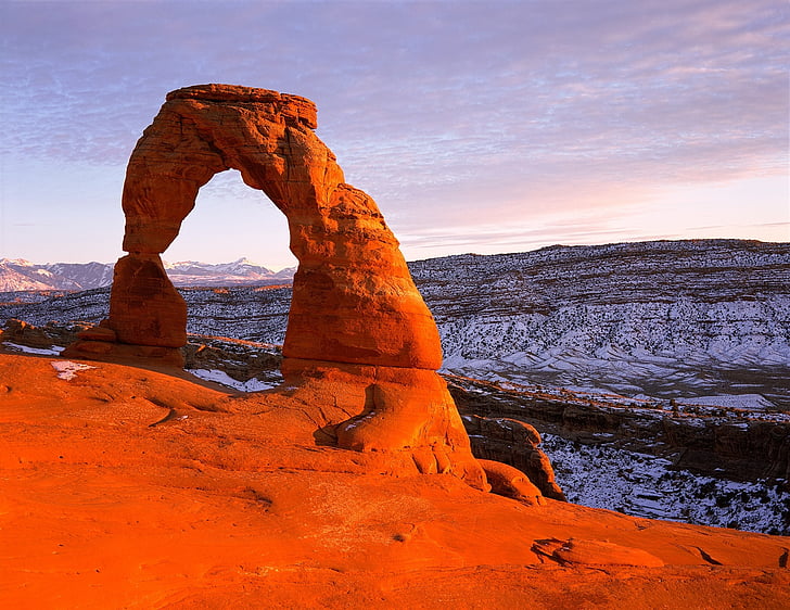 delicate arch, landschap, Rock, steen, winter, sneeuw, zonsondergang