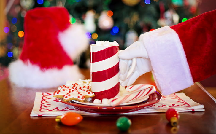 Santas arm, heiße Schokolade, Kakao, Weihnachtsplätzchen, Schokolade, heiß, Cookies