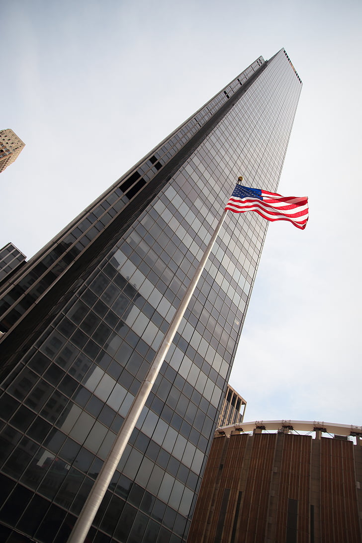 american flag, flag, building, skyscraper, new york city, new york, manhattan