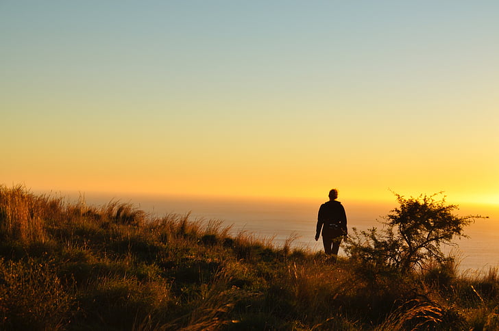sunset, sky, girl, people, grass, coast, ocean