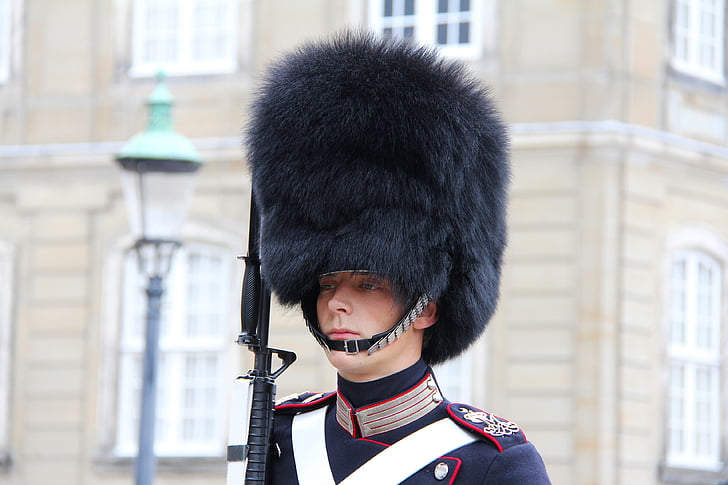 guard, uniform, man, hat, black fur hat, changing of the guard, amalienborg palace