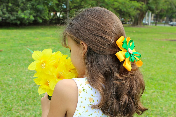 girl, flowers, cute, nature, outdoors, hair, garden