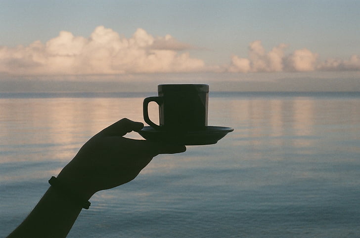coffee, cup, lake, water, silhouette, hand, holding