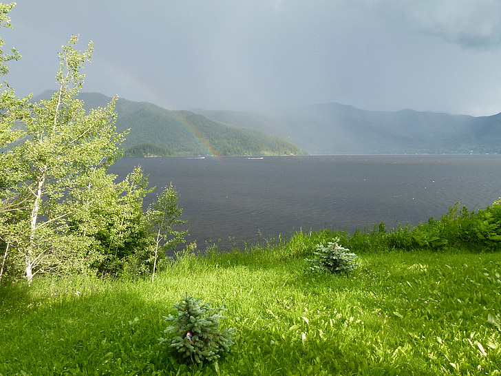 Onweer, regen, regenboog, canim lake, Brits-columbia, Canada, landschap