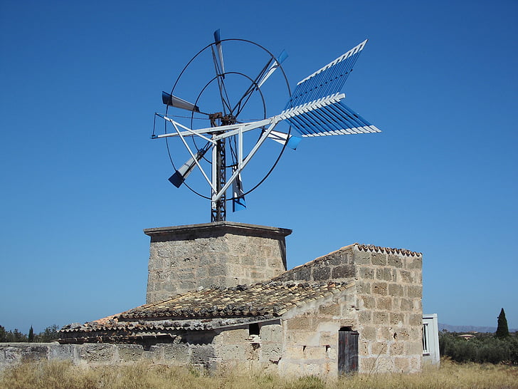pinwheel, mallorca, blue sky, spain, summer, agriculture, old mill