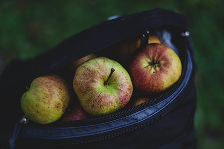 Mogna, äpplen, svart, väska, frukter, mat, friska