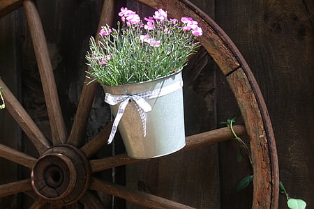 stary wagon wheel, drewniane koła, kwiat