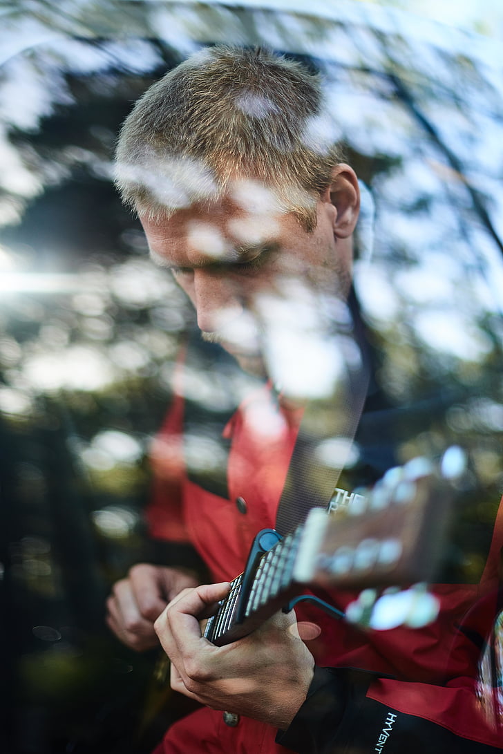 man, red, shirt, playing, guitar, daytime, music