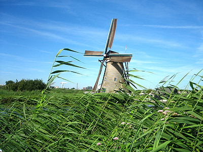 windmill, netherlands, channel, landscape, open air museum, current, nature