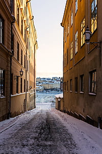 architecture, building, infrastructure, snow, winter, alley