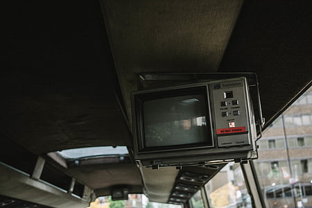 vintage, gray, crt, television, hanged, inside, bus