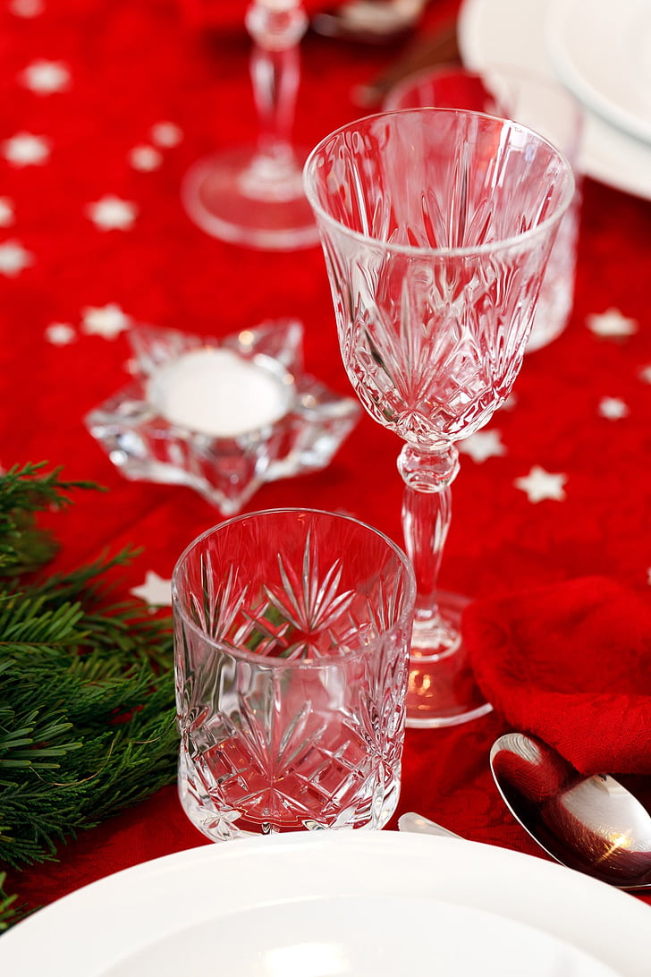 celebração, Natal, cristal, decoração, jantar, bebidas, elegância