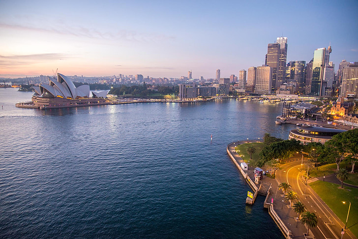 Sydney-i Operaházban, Hajnal, Sydney, építészet, épület, kikötő, Ausztrália