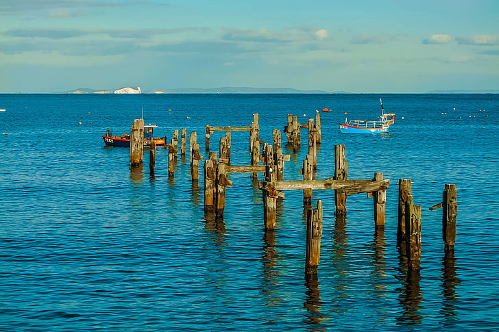 Teluk Swanage, Dorset, laut, laut, alam, biru, kayu - bahan