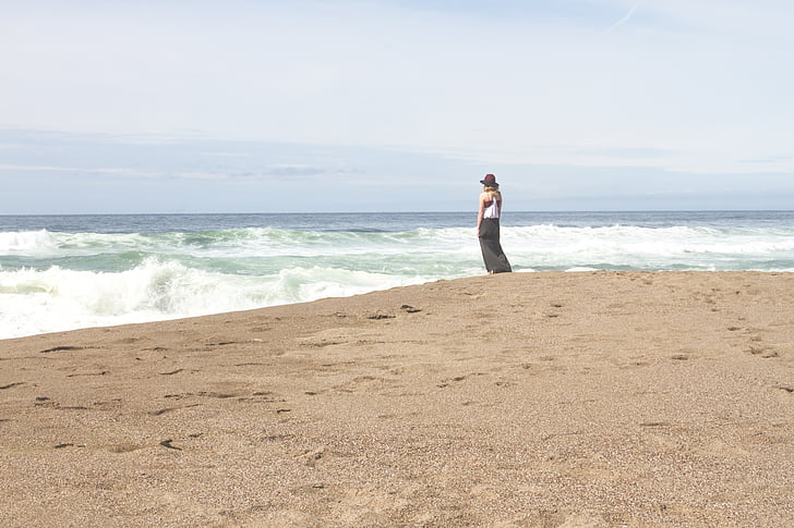 žena, u blizini, oceana, preko dana, djevojka, plaža, pijesak
