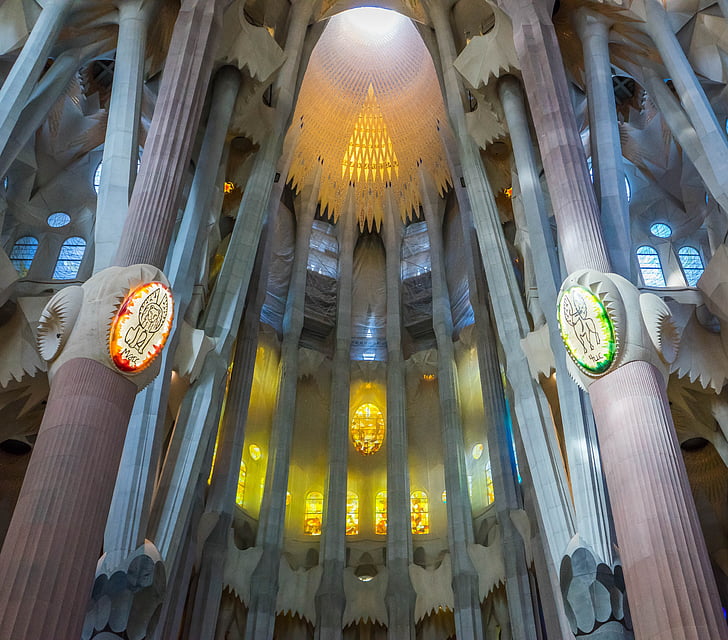 sagrada familia cathedral, barcelona, spain, stained glass window, ceiling, architecture, church