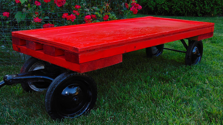 wagon, red, wood, toy, wheels, grass, wooden