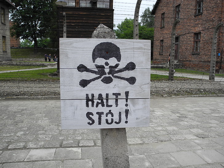 concentration camp, poland, blackboard, stop, headstand, halt, auschwitz