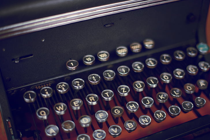 rašomoji mašinėlė, raktai, rašytojas, raidės, mechaniškai, senas, klaviatūra