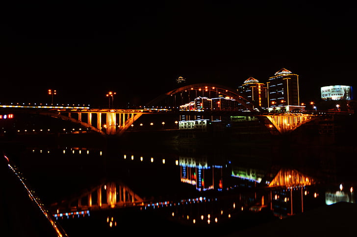 paysage urbain, nuit, pont, réflexion, lumière, ville, rivière