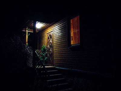 veranda, nat, lys, trapper, hus, træ, støj