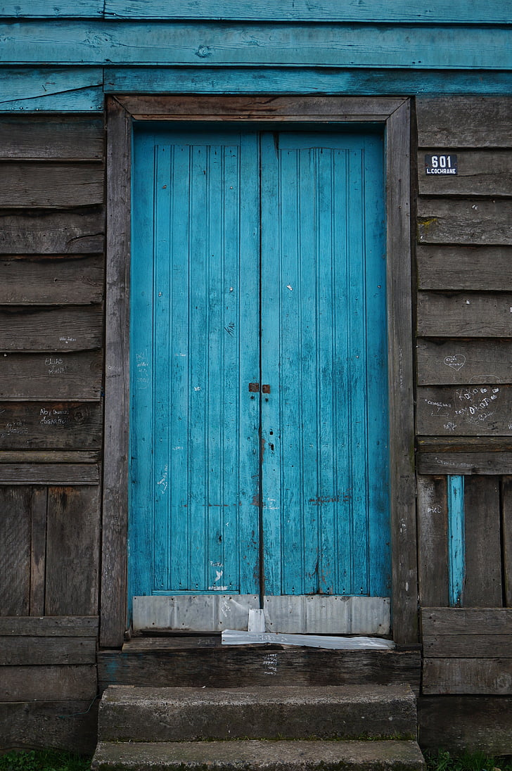 blue, door, entrance, rustic, closed, wood - material, security