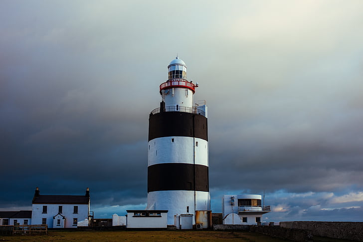 architecture, building, clouds, dark clouds, guidance, light, lighthouse