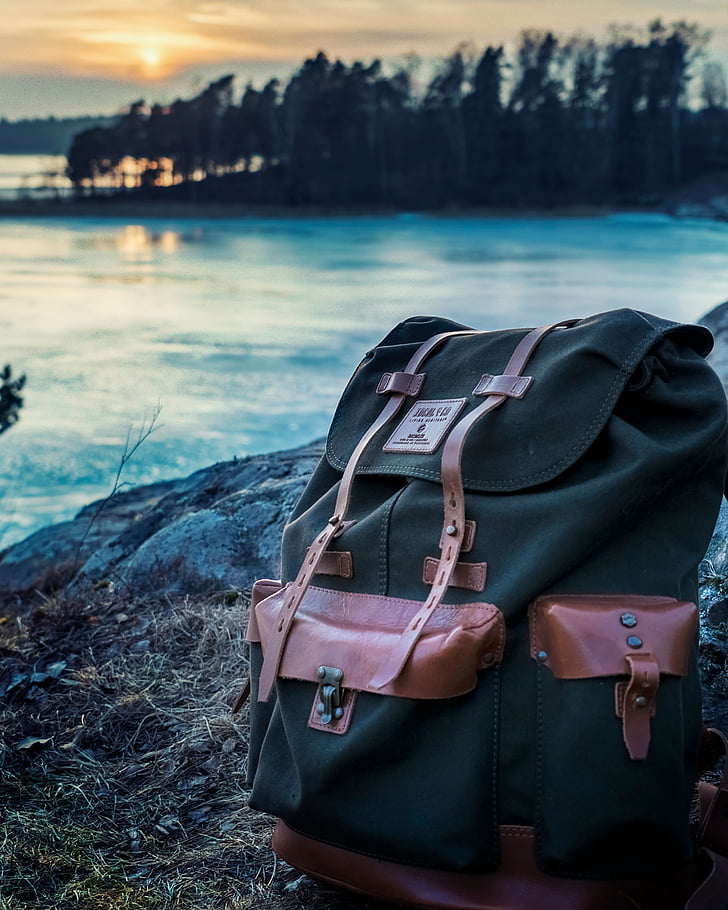 bag, backpack, travel, outdoor, adventure, rocks, lake