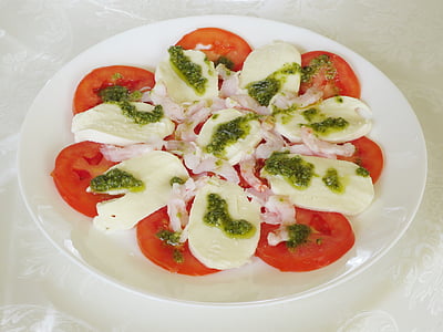 salad, Caprese, salad Italia, hidangan Italia, pesto, tomat, Mozzarella