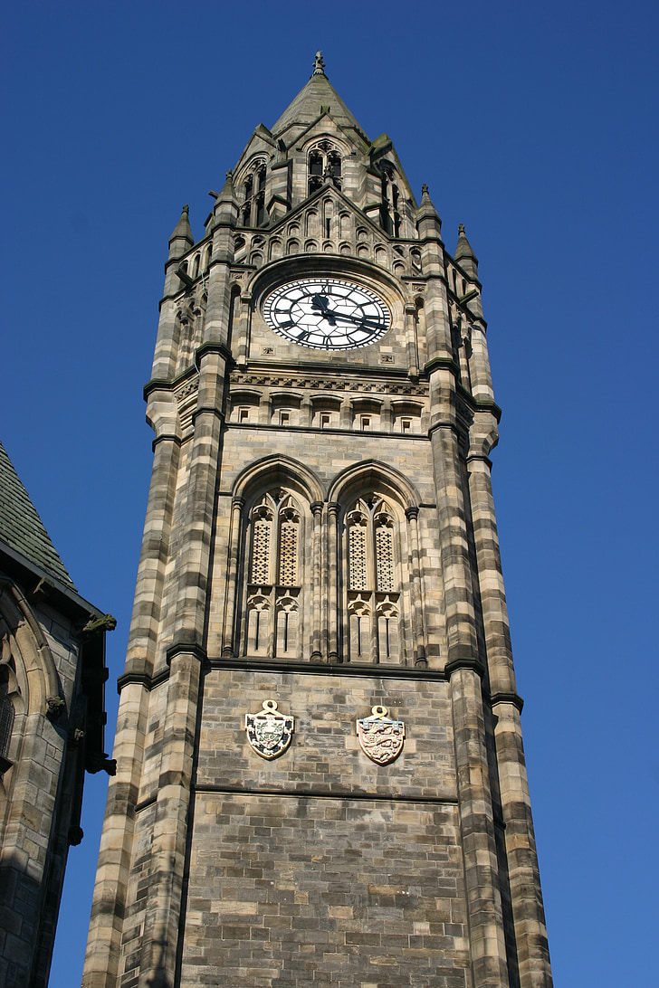 clock, clock tower, town hall, rochdale, sky, blue, tourism