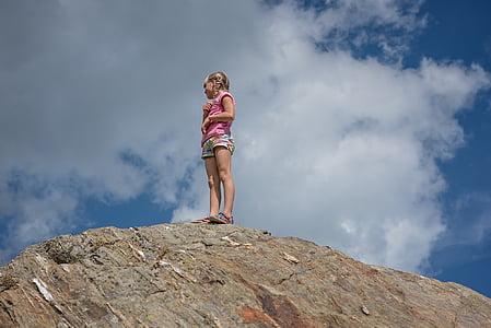 child, girl, blond, mountain, rock, stone, top