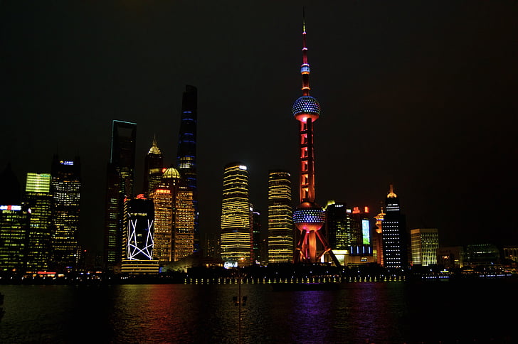 rascacielos, Shanghai, China, luces, noche, arquitectura moderna, paisaje urbano