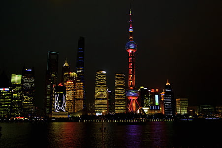 skyscraper, shanghai, china, lights, night, modern architecture, cityscape