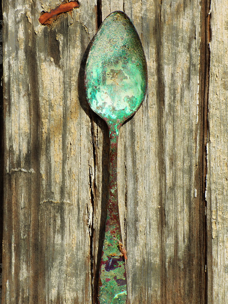 cuchara de, antiguo, Alpaca, oxidado, abandonado, Vintage, madera