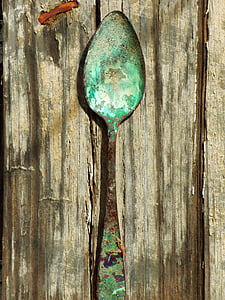 spoon, old, alpaca, rusty, abandoned, vintage, wood