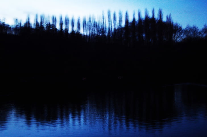 nit, Estany, arbres, paisatge, fora de focus, Llac, reflexió