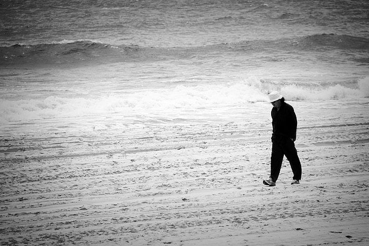 plage, solitaire, gris, noir et blanc, sable, mer, seul